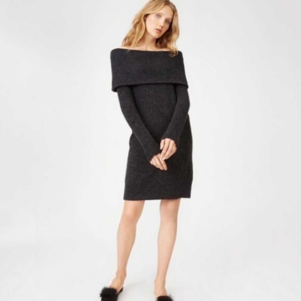 Club Monaco Charcoal Off-the-Shoulder Long Sleeve Sweater Dress